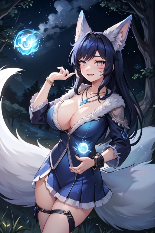 masterpiece, high quality, highres, ah3, hinata_hyuuga, facial mark, long hair, blue hair, white eyes, no pupils, (((blue multiple tails, blue fox tail, blue fox ears))), magical girl, slim body, large breasts, bracelet, necklace, hair clip, sexy pose, smile, standing, magic forest, night, (((holding a blue fireball in one hand)))