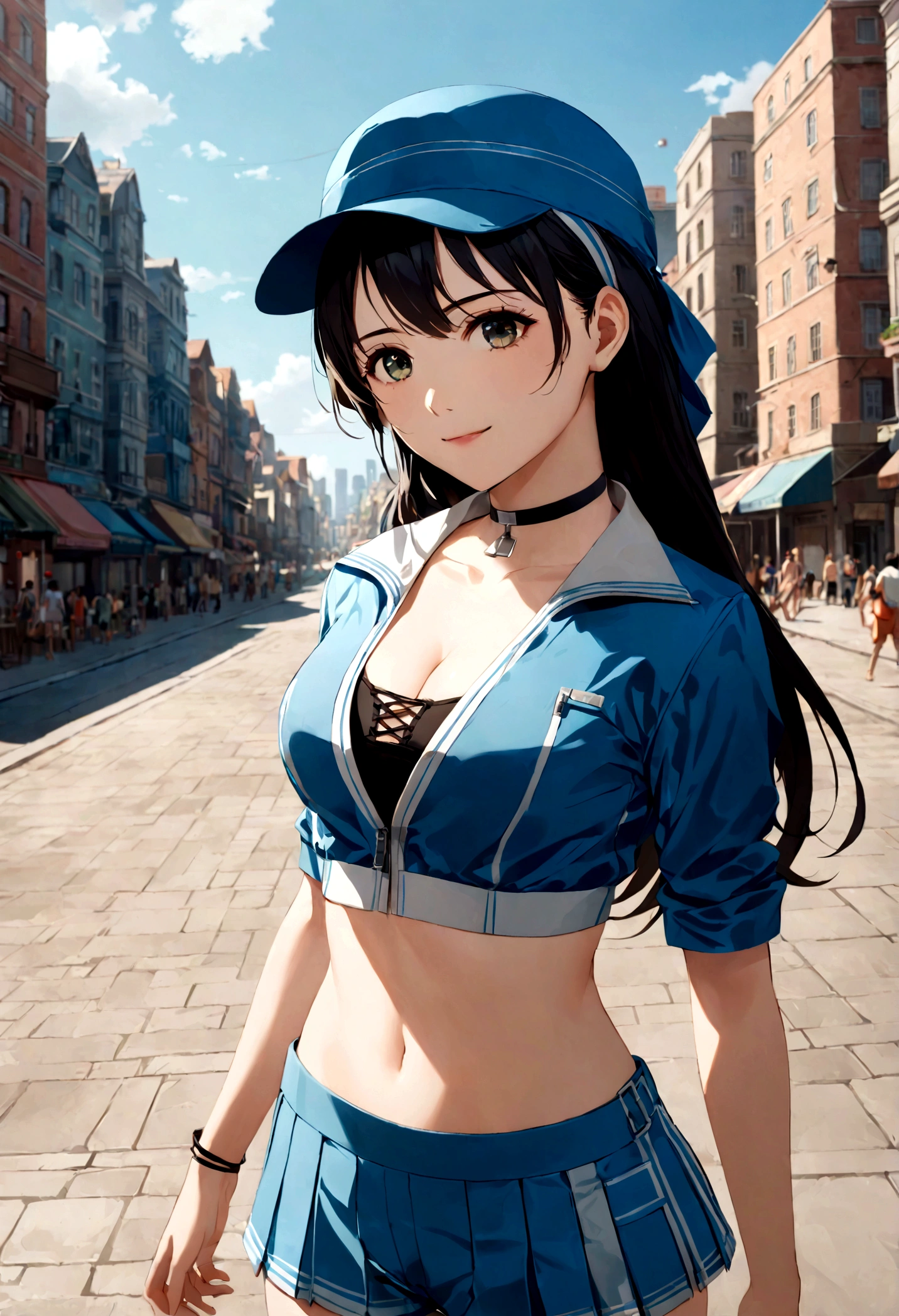 score_9, score_8_up, score_7_up,4k, ,BREAK , (from front,top angle),standing,straight-on,1girl,RACEELIE, HAIRBAND, CHOKER, BLUE HAT, BLUE JACKET, CROPPED JACKET, CLEAVAGE, MIDRIFF, BLUE SHORTS, PLEATED SKIRT,(light smile),(daytime and beachside and city), ,,,detailed skin,,((best quality)),,(aesthetic,very aesthetic),sharp focus,depth of field,,professional lighting,cinematic lighting