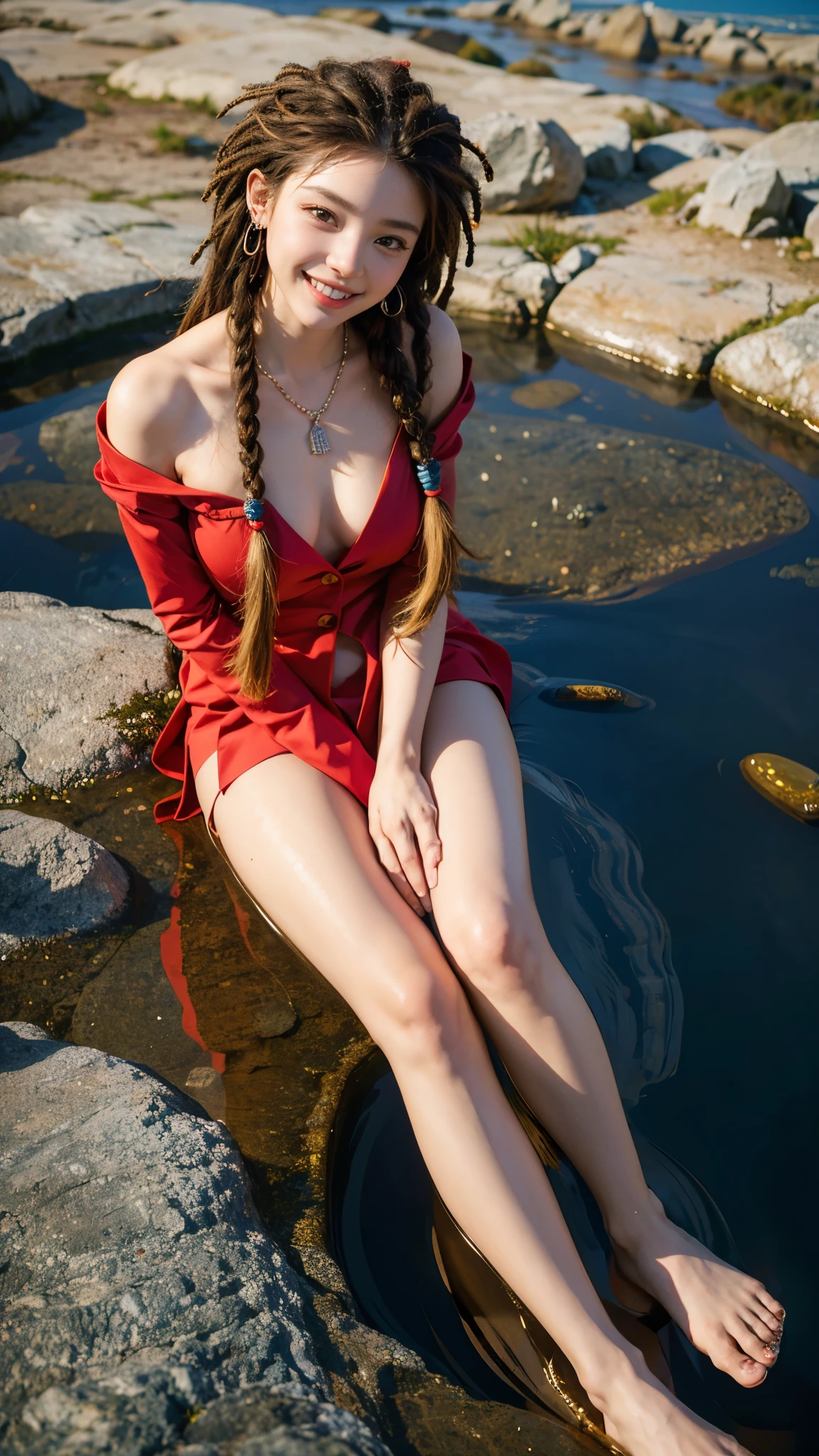 highest quality, masterpiece, Ultra-high resolution,8k, (Realistic:1.6), (Facing portraits) RAW Photos, 1 girl,(I'm showing my teeth and smiling)), 22 years old,((Beautiful feet)),((Red suit with necklace and earrings)),((Dreadlocks,Colorful braids)),((From above:1.4)),Face Focus:1.4,((Simple solid color background)), Image Media Chest)),((Smiling with teeth showing)),
