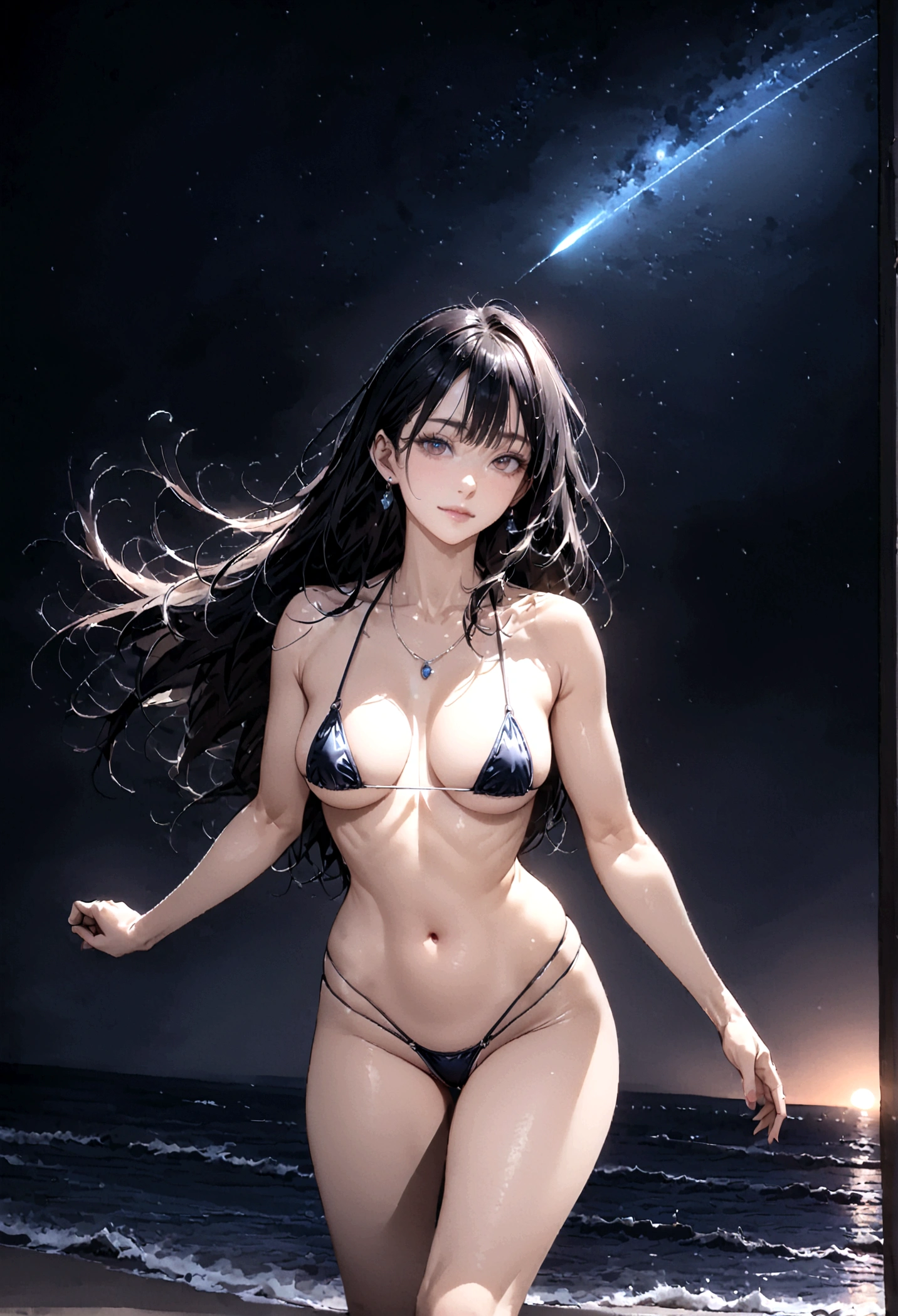 8k, masterpiece, RAW Photos, highest quality, Realistic, Very detailed, Depth of written boundary, Cinematic Light, Anatomically correct body,
One beautiful 40 year old woman, Very beautiful face, Exquisitely detailed face, (A calm and gentle face:1.4), Very delicate skin texture, Transparent muscle, Shiny white skin, Glamorous Body,
(Wavy black long hair:1.2), Sexy Breasts, Sexy ass,
(Micro bikini swimwear:1.2), (Detailed cloth texture:1.2), (Gorgeous necklace:1.1), (Gorgeous earrings:1.1),
(Dark starry background:1.4), (Milky Way:1.1), (milky way:1.1), (shooting star:1.1), (Dark coastline at night:1.4), (Pitch black sea surface:1.4),
(Standing on the beach:1.2),