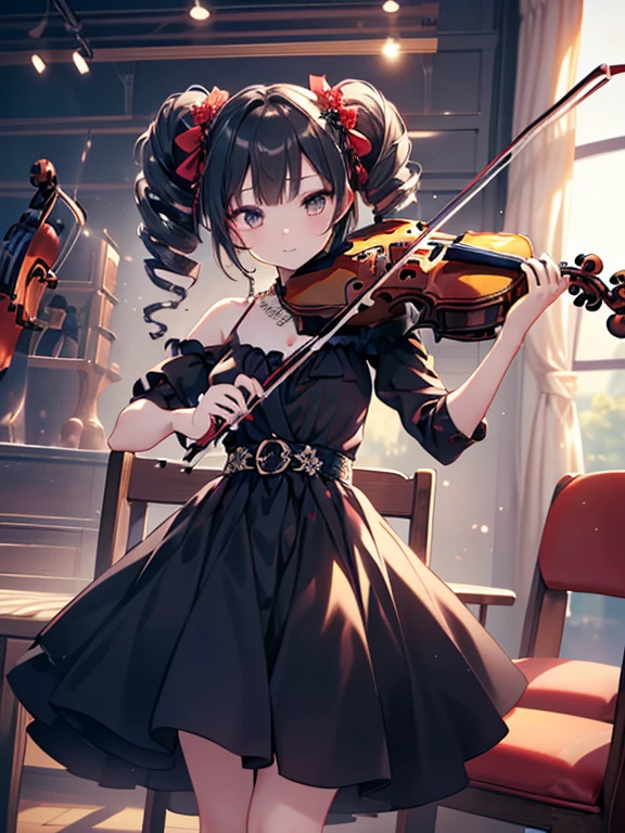 masterpiece, highest quality, Very detailed, 16k, Ultra-high resolution, -yeld gi Detailed face, Anatomically correct, black eye, Black Hair, Long Hair, Drill Hair, (mega twin drills:1.5), (Red dress:1.5), Shoulder-to-shoulder clothing, Skirt with a widened hem, necklace, stage, Chair, sit, (violin:1.5), (少女はChairに座ってviolinを演奏する:1.5)