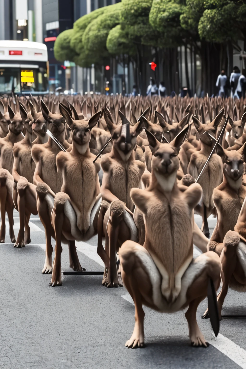 A group of kangaroos with spears came to hunt people in Tokyo