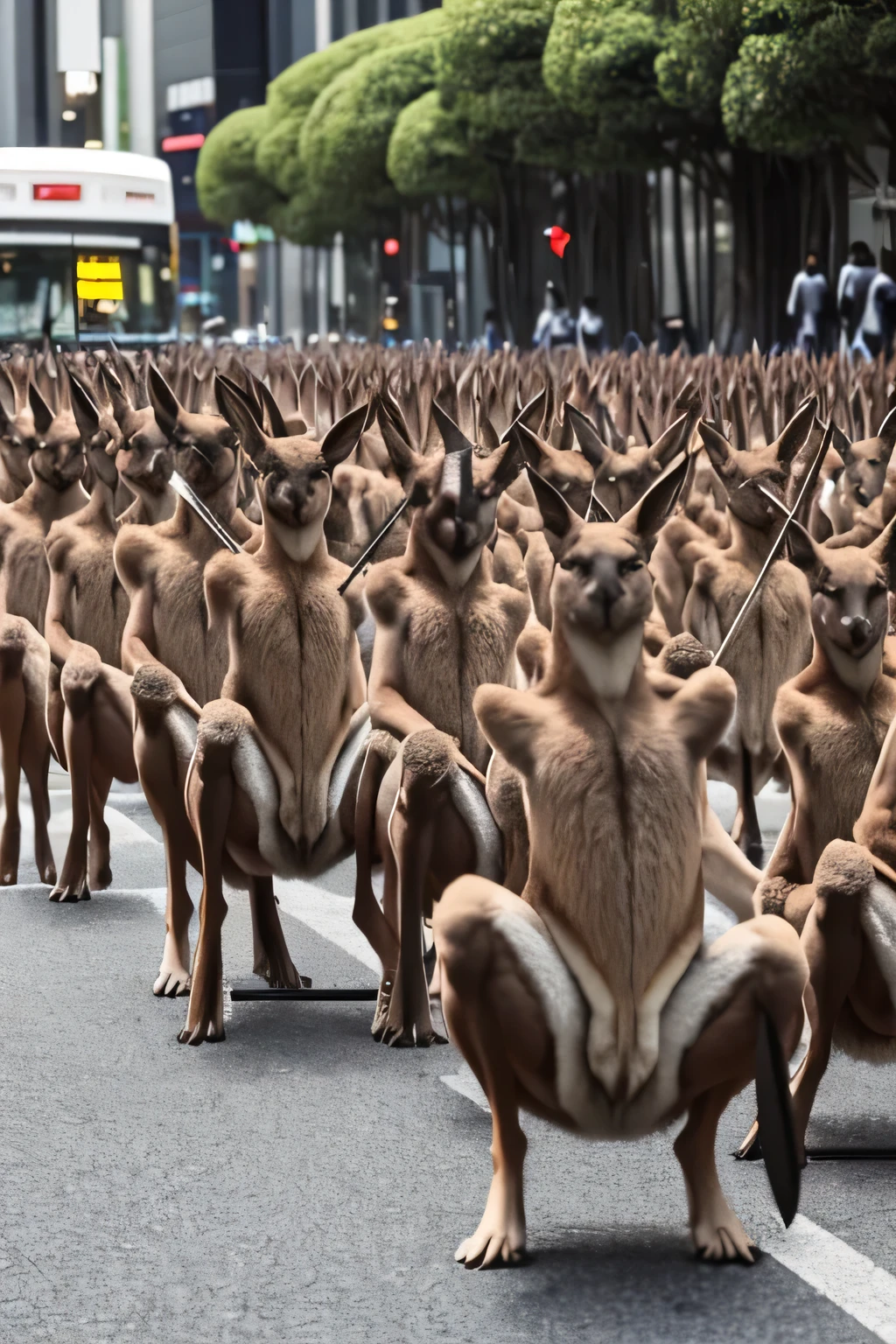 A group of kangaroos with spears came to hunt people in Tokyo