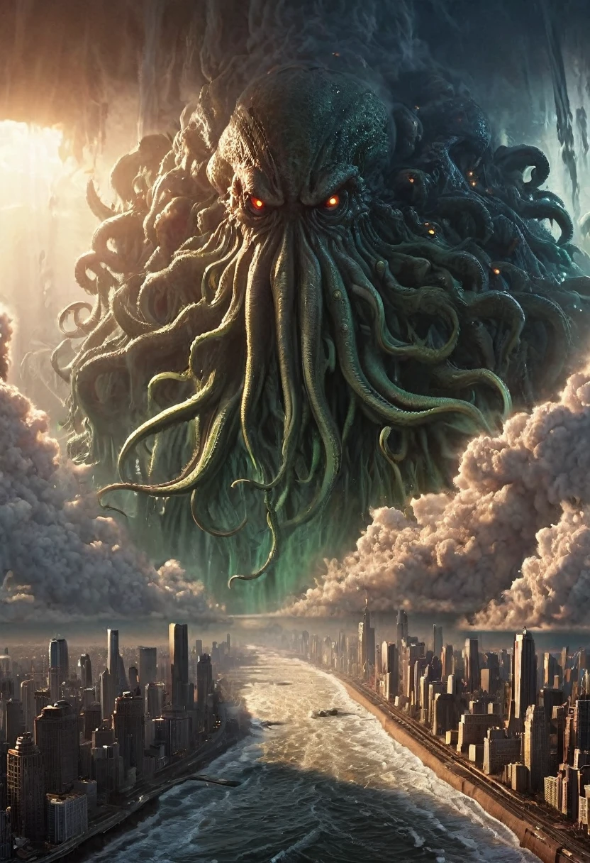 Massive Cthulhu emerges from the depths, towering over a sprawling metropolis, tsunamic fury reshaping the cityscape, chaos unfurling beneath its weight, horror and disaster entwined, in a hyperrealistic, hyperdetailed matte painting reminiscent of a Steven Spielberg epic, sharp focus capturing the chaos of colliding worlds, illuminated by the eerie glow of emitting diodes, smoke veiling. High Resolution, High Quality, Masterpiece. best quality, masterpiece, super detail, High Resolution, High Quality, Masterpiece