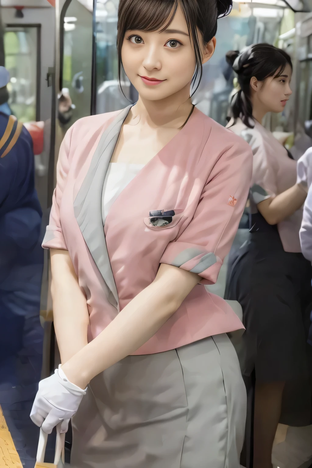 (masterpiece:1.2, highest quality:1.2), 32K HDR, High resolution, (alone、1 girl)、（On the rooftop of a building in the daytime、Professional Lighting）、Building rooftop background、（Nankai train crew uniform pinkを着たリアルスタイル）、（Nankai train crew uniform pink short sleeve collarless pink jacket、Nankai Train Crew Uniform Pink Collarless Short Sleeve Blouse、Nankai Train Crew Uniform Pink Grey Knee-length Culottes）、Dark brown hair、（Hair tied up、Hair Bun、Hair Bun）、Dark brown hair、Long Shot、Big Breasts、Thin legs、（（Great hands：2.0）），（（Harmonious body proportions：1.5）），（（Normal limbs：2.0）），（（Normal finger：2.0）），（（Delicate eyes：2.0）），（（Normal eyes：2.0））)、smile、（Nankai Train Crew Uniform Pink Grey Knee-length Culottesを見せた美しい歩く姿）、Place your hands around your stomach,Lanyard employee ID card