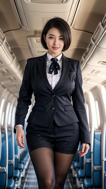 1beautiful womanl, 28years、hyperdetailed face、Detailed lips、A detailed eye、double eyelid、(Black bob hair、Smiling while walking gracefully down the aisle)、(Stewardess uniform:1.2)、、((Stewardess suits)) ((blaclk tights stockings)) (Glamorous body)、(Colossal tits)、((short-cut hair))、（large full breasts）（big butts）（Plump body）（plump body shape）（ large full breasts）（Colossal tits）((J-Cup))、highs thighs thighs thighs, Perfect fit, Perfect image realism, Background with: (Business Class aisle on airplanes:1.2), Cowboy Shot, Meticulous background, detailed costume, Perfect litthing、Hyper-Realism、(Photorealsitic:1.4)、8K maximum resolution, (​masterpiece), ighly detailed, Professional