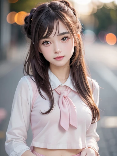 (ung girls), (highly detailed Beautiful face), Amazing face and eyes, (Best Quality:1.4), (Ultra-detailed), (extremely detailed CG unified 8k wallpaper), Highly detailed, High-definition raw color photos, Professional Photography, Realistic portrait, Amazing face and eyes, Pink eyes, (hi-school uniform, pleated mini skirt:1.3), Double buns, brown hair, model, smile shyly, (pink underwear:1.3), (((Bokeh))), depth of fields, depth of fields, beach, twilight, sunset,