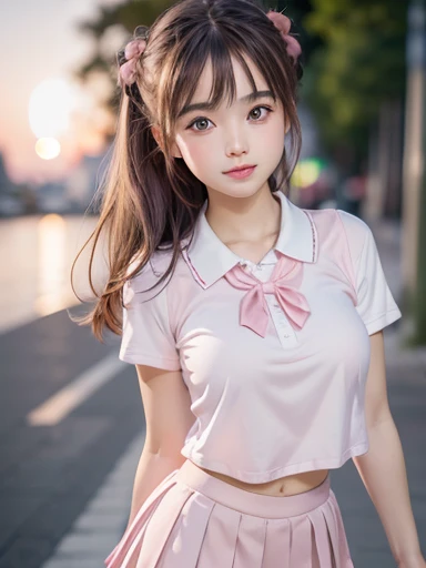 (2ung girls), (highly detailed Beautiful face), Amazing face and eyes, (Best Quality:1.4), (Ultra-detailed), (extremely detailed CG unified 8k wallpaper), Highly detailed, High-definition raw color photos, Professional Photography, Realistic portrait, Amazing face and eyes, Pink eyes, (hi-school uniform, pleated mini skirt:1.3), Double buns, brown hair, model, smile shyly, (pink underwear:1.3), (((Bokeh))), depth of fields, depth of fields, beach, twilight, sunset,