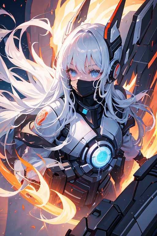 Warrior of the future, beautiful face with mask on her mouth, full body, long silver hair.