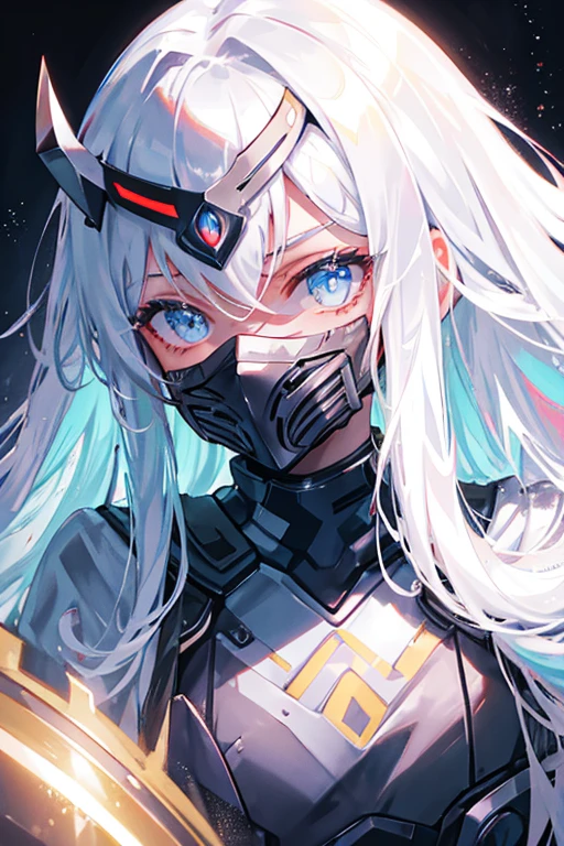 Warrior of the future, beautiful face with mask on her mouth, long silver hair.