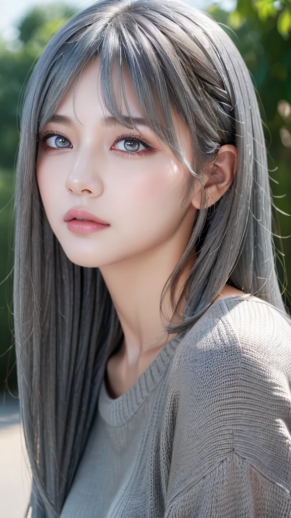 (Masseter region:1.3)、(8k、Realistic、RAW Photos、highest quality: 1.4)、(One Girl)、Beautiful Face、(Lively Faces)、(Gray Hair:1.5)、(Medium Hair)、Beautiful Hairstyles、（One eye is hidden by bangs：1.5）、Realistic eyes、Beautiful details、（Realistic Skin）、Beautiful skins、（Black sweater）、Absurd、Charm、Embarrassing、超A high resolution、Surreal、High resolution、Golden Ratio　Left eye blue　Right eye red