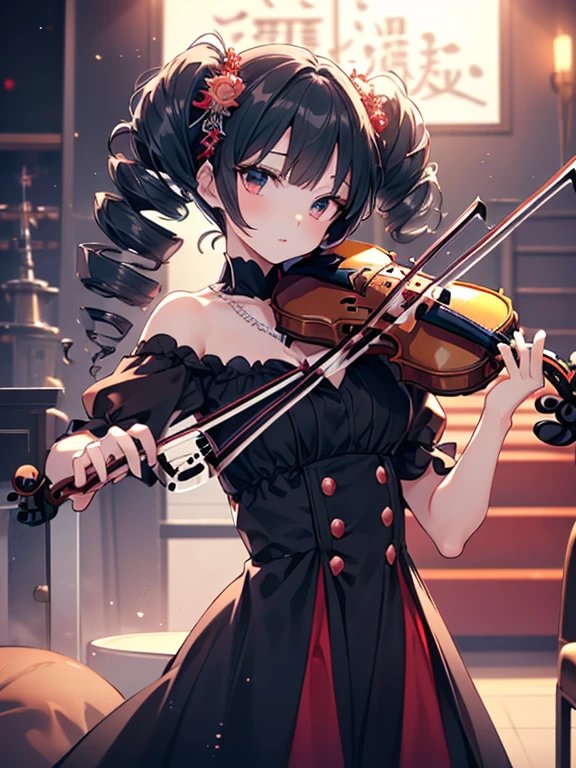 masterpiece, highest quality, Very detailed, 16k, Ultra-high resolution, ****************, Detailed face, Perfect Fingers, Anatomically correct, black eye, Black Hair, Long Hair, Drill Hair, (mega twin drills:1.5), (Red dress:1.5), Shoulder-to-shoulder clothing, Skirt with a widened hem, necklace, stage, (violin:1.5), (少女はviolinを演奏する:1.5)