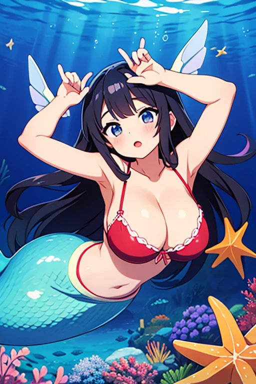 anime mermaid, underwater, sea, long hair, black hair, red lips, cleavage, starfish bra,