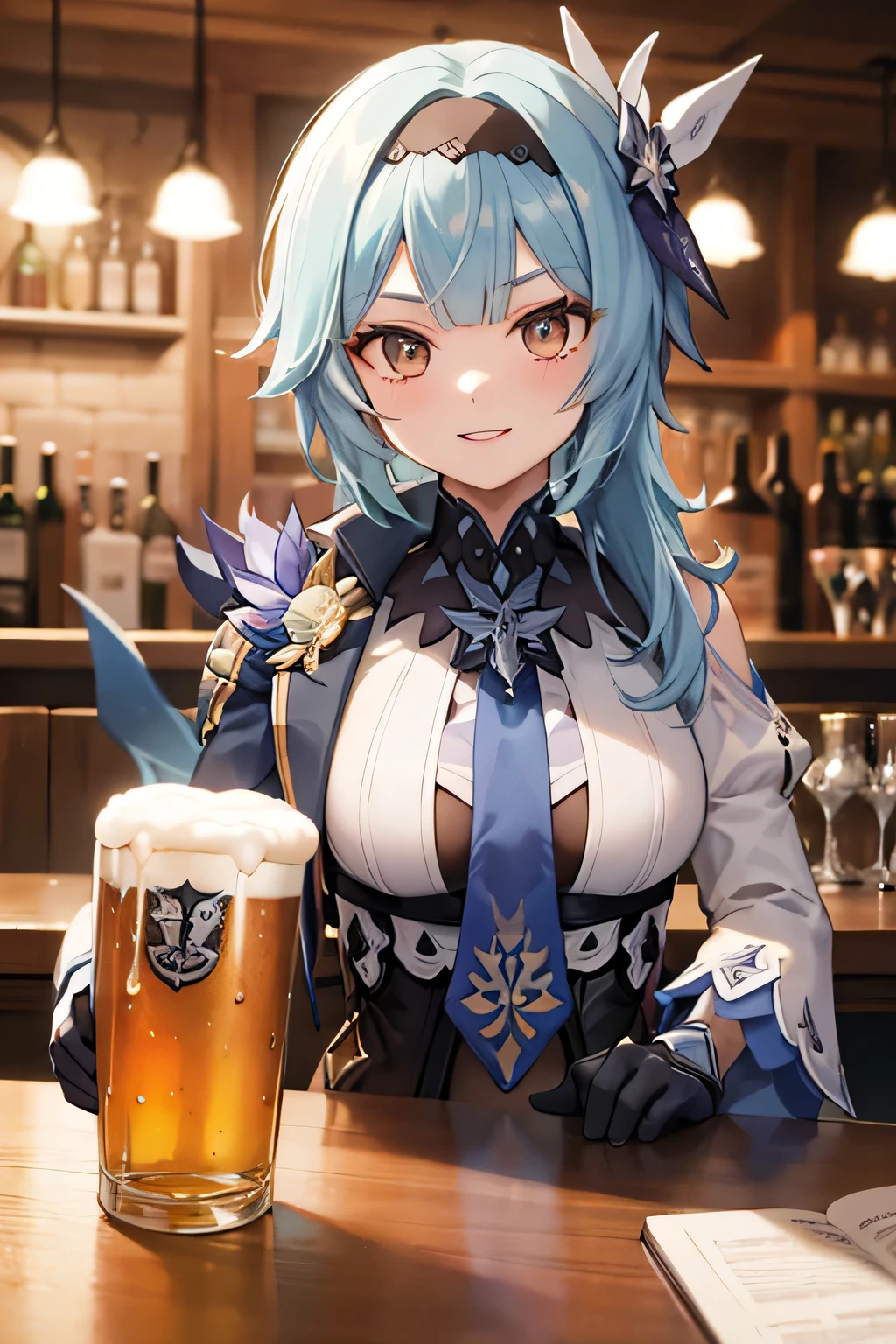 eula lawrence, genshin impact, sentada em uma mesa de bar, with a mug of beer in hand, rosto corado, sorriso sedutor