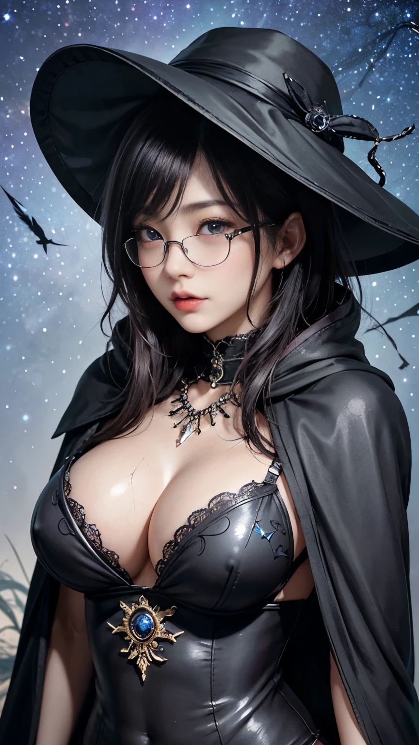 (Fatal Beauty,A charming villain,witch) ,(A supple and powerful physique),(Sensual charm),(Mysterious charm:1.1),(Captivating silhouette),((((Glasses))))、((((big sapphire necklace))))、(highest quality,High resolution:1.2),(dark,Threatening:1.1),((dark horror theme:1.5),(Thriller:1.5)),(Dark fantasy:1.5), (((Countless stars fly away:1.5),(Absurd:1.5),(wonderful:1.5))),Woman in a dress, (Powerful numbers:1.1),(((Big Breasts))),(((Muscular:1.1))), cute face, Sexy Face, , Very detailedなbeautiful女の子, (Ideal body type:1.8), Very detailed faceexpressive lips, (Very beautiful、Crisp big eyes:1.5), Fine skin., All features are shown in detail., The outline of the fingers is beautifully drawn....., The nose is precisely shaped., expressive lips, Perfect Anatomy,cute、Realistic、(Front view:1.4),(Face Focus:1.3), realistic girl rendering, 8k artistic german bokeh, Enchanting girl, Real Girls, Gurwitz, Gurwitz-style artwork, Girl Roleplay, Realistic 3D style, cgstation Popular Topics, 8K Portrait Rendering,(truth,truth:1.4),Sexy Body,( Very lean body:1.6),Sexy pose, blush, Attractive body, Very curly hair, Purple Curly Hair, very big hair, Very curly hair, prime color,Urban,Very detailed,masterpiece,Intricate details,Faded,Very detailed, Eye for details,Intricate details,Dark and spooky atmosphere, Spiritual Beings, Unforgettably beautiful, Ghostly figures, Shadow-like shape, Spooky whispers, Ominous Aura, Goth Maiden, Like dazzling fur in a starless haze,Her Mogul Snaps, Mysterious Cemetery,Black hair swaying in the moonlight, She summons darkness, (beautiful: 1.7), (Black Hat: 1.6), (An intricately decorated jet-black cloak: 1.6), (Delicately decorated cloak, Despite the damage: 1.5), Hypermaximalist, Breathtaking oil paintings, Surreal, Ultra-realistic digital illustrations that mimic the style of oil paintings, Wonderful configuration, (Shining Eyes:1.6)、(Glowing Eyes:1.1),(hellish landscape:1.1),(fire,sulfur:1.1),(Threatening atmosphere:1.1),(dark shadows,Threatening presence:1.1),(Unlucky