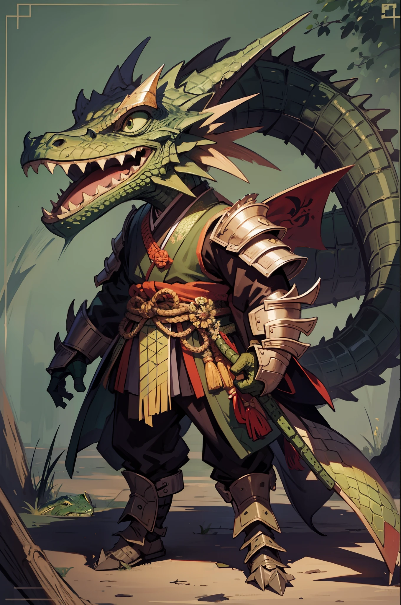 Green crocodile head,lizard Man,japanese samurai armor