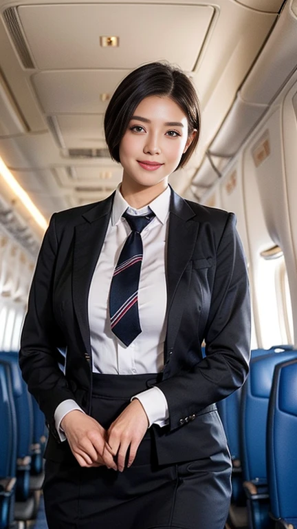 1beautiful womanl, 28years、hyperdetailed face、Detailed lips、A detailed eye、double eyelid、(Black bob hair、Smiling while walking gracefully down the aisle)、(Stewardess uniform:1.2)、((beautiful tie)) (Glamorous body)、(Colossal tits)、((short-cut hair))、(large full breasts)(big butts)(Plump body)(plump body shape)( large full breasts)((J-Cup))、((not SEXY))、highs thighs thighs thighs, Perfect fit, Perfect image realism, Background with: (Business Class aisle on airplanes:1.2), Cowboy Shot, Meticulous background, detailed costume, Perfect litthing、Hyper-Realism、(Photorealsitic:1.4)、8K maximum resolution, (masterpiece), ighly detailed, Professional