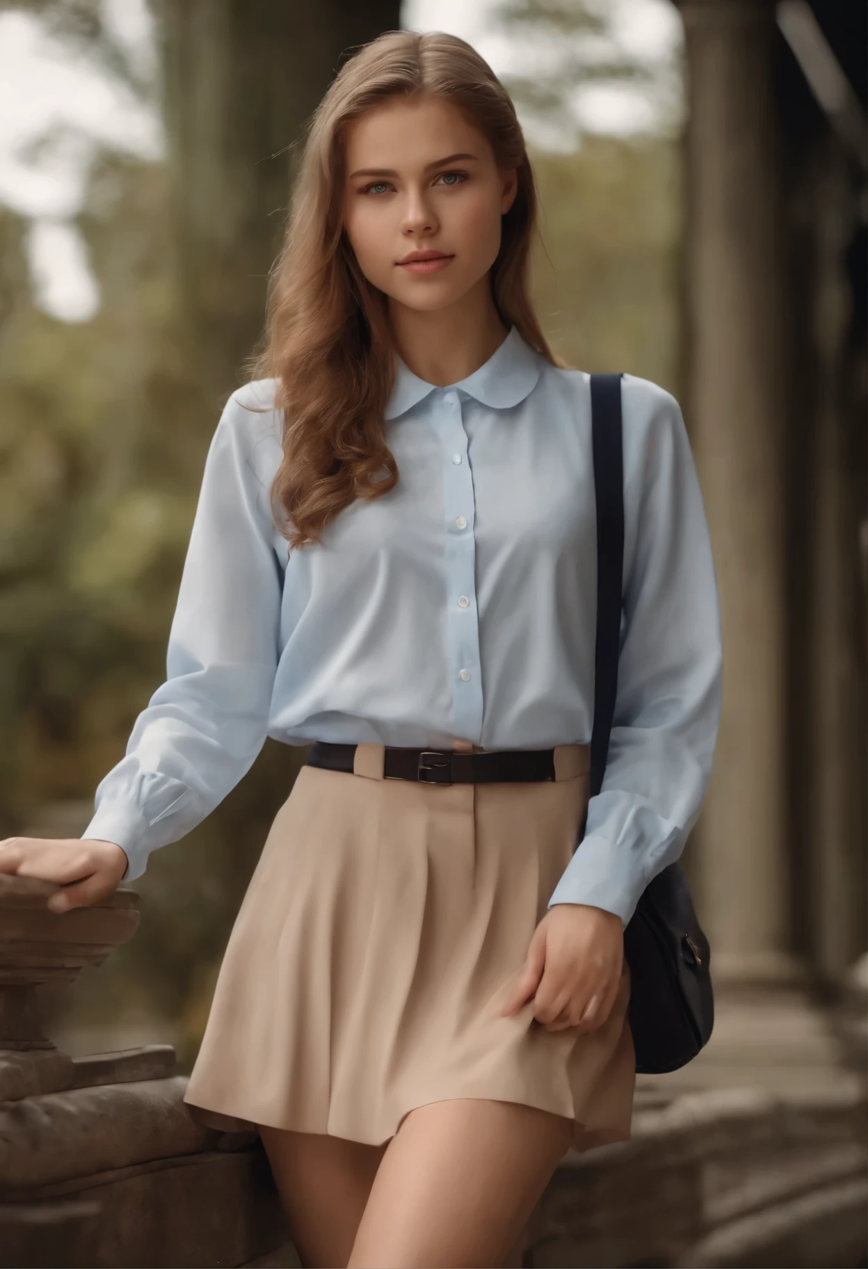 full body portrait of a stunningly beautiful student girl without make-up, 17 years old, /(perfect and detailed hands, fine fingers, perfect and highly detailed eyes, perfect face, perfect and athletic body,), /(long light brown hair in ponytail, triangular face, perfect blue eyes, shapely legs, hourglass body, sexi,), /(school uniform: blues sky sweater, white blouse, no miniskirt, dark blue socks,) extremely detailed light hazel eyes, detailed symmetric realistic face, extremely detailed natural skin texture, peach fuzz, masterpiece, absurdres,