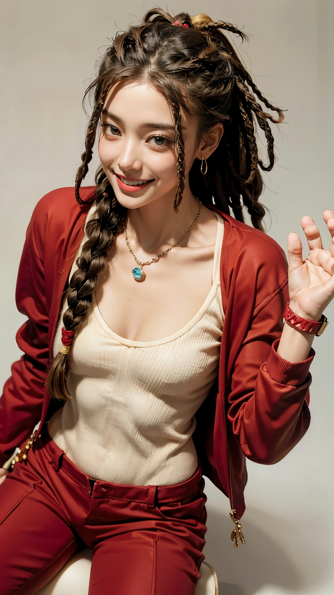 highest quality, masterpiece, Ultra-high resolution,8k, (Realistic:1.6), (Close-up portrait) RAW Photos, 1 girl,(I'm showing my teeth and smiling)), 22 years old,((Beautiful feet)),((Red suit with necklace and earrings)),((Dreadlocks,Colorful braids)),((From above:1.4)),Face Focus:1.4,(((Simple solid color background))), Image Media Chest)),((Smiling with teeth showing)),