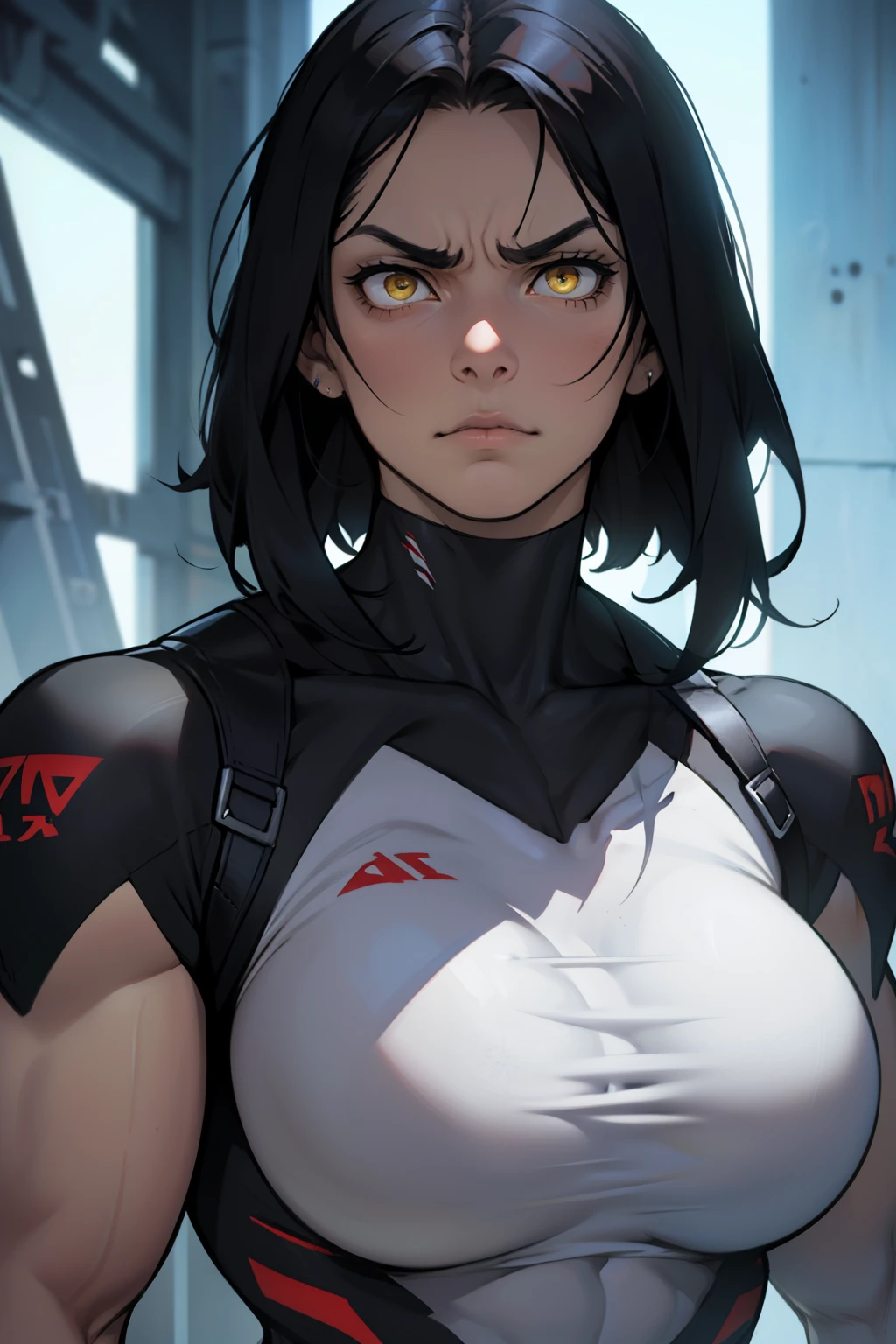 girl ((muscular)) massive breasts thick disdain disgusted annoyed disappointed black hair yellow eyes pale skin super detail award winning anatomically correct 16k