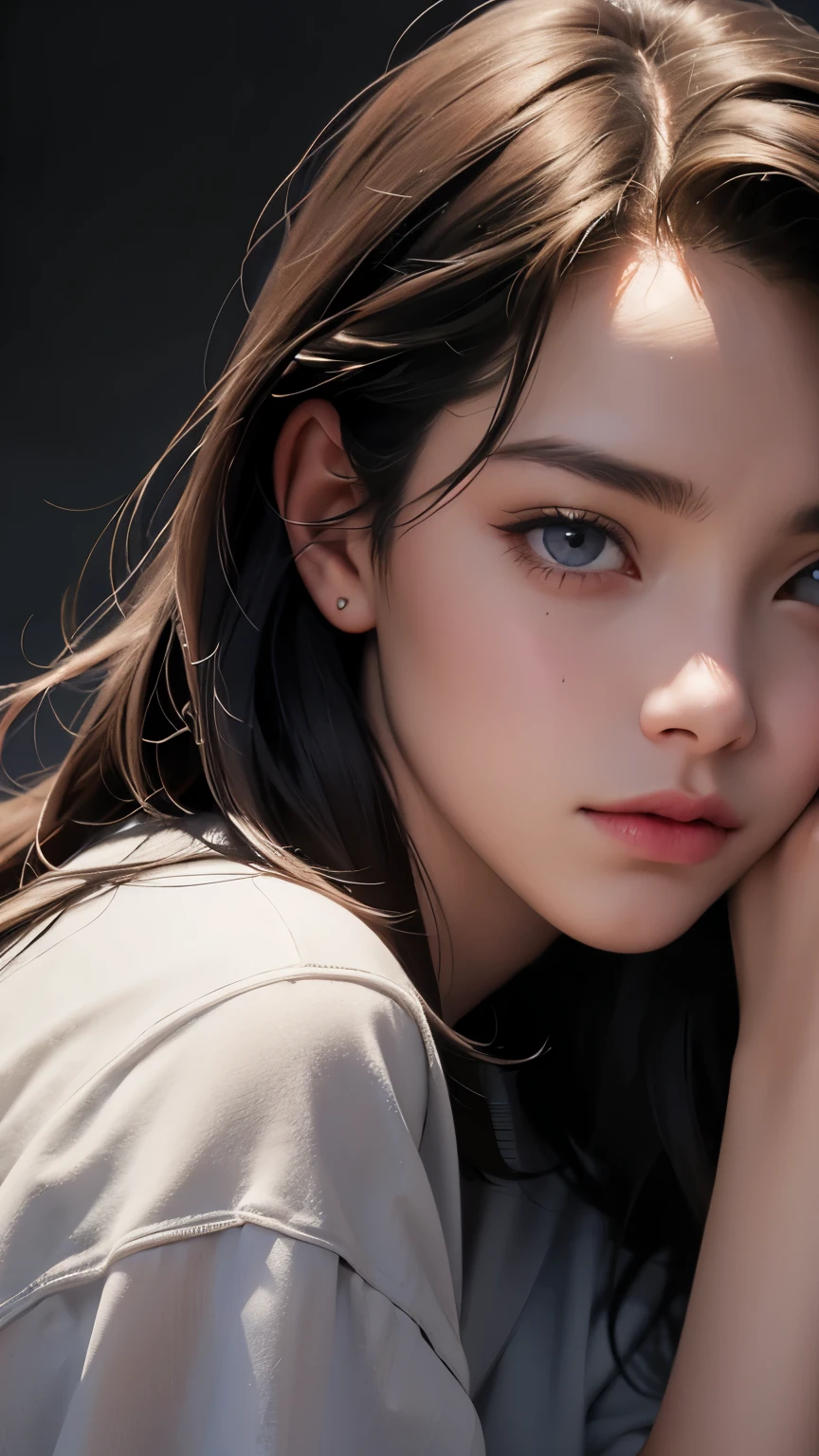 A woman in loose, neat clothing is looking straight into the camera, A look on the face of a loved one, The background is a plain gray gradient, Close-up