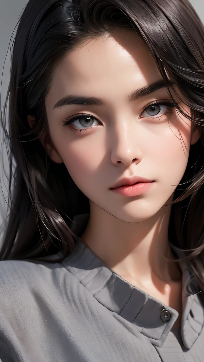 A woman in loose, neat clothing is looking straight into the camera, A look on the face of a loved one, The background is a plain gray gradient, Close-up