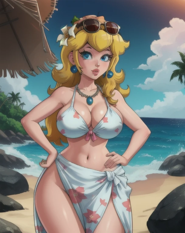 masterpiece, best quality, 4k, high res, detailed, detailed background, beautiful blue eyes, CARTOON, ANIME, CARTOON ARTSTYLE, detailed face, highest quality, 1girl, solo, long hair, looking at viewer, blue eyes, blonde hair, hair ornament, navel, jewelry, swimsuit, flower, bikini, earrings, outdoors, necklace, lips, eyelashes, ocean, beach, sunglasses, eyewear on head, sunset, sarong, flower necklace, princess peach, huge breasts, thick thighs, hands on hips, puckered lips, beach vacation, summer getaway, relaxed atmosphere, cinematic lighting, sunset, 