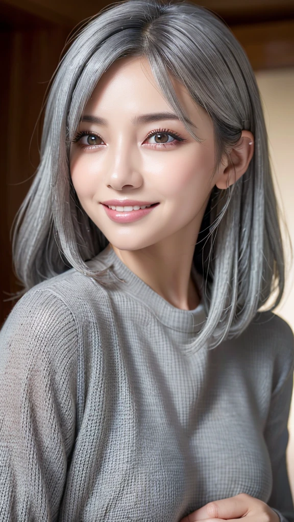 (Masseter region:1.3)、(8k、Realistic、RAW Photos、highest quality: 1.4)、(One Girl)、Beautiful Face、(Lively Faces)、(Gray Hair:1.5)、(Medium Hair)、Beautiful Hairstyles、(One eye is hidden by bangs:1.5)、Realistic eyes、Beautiful details、(Realistic Skin)、Beautiful skins、(Black sweater)、Absurd、Charm、Embarrassing、超A high resolution、Surreal、High resolution、Golden Ratio 、A big smile、Peace pose