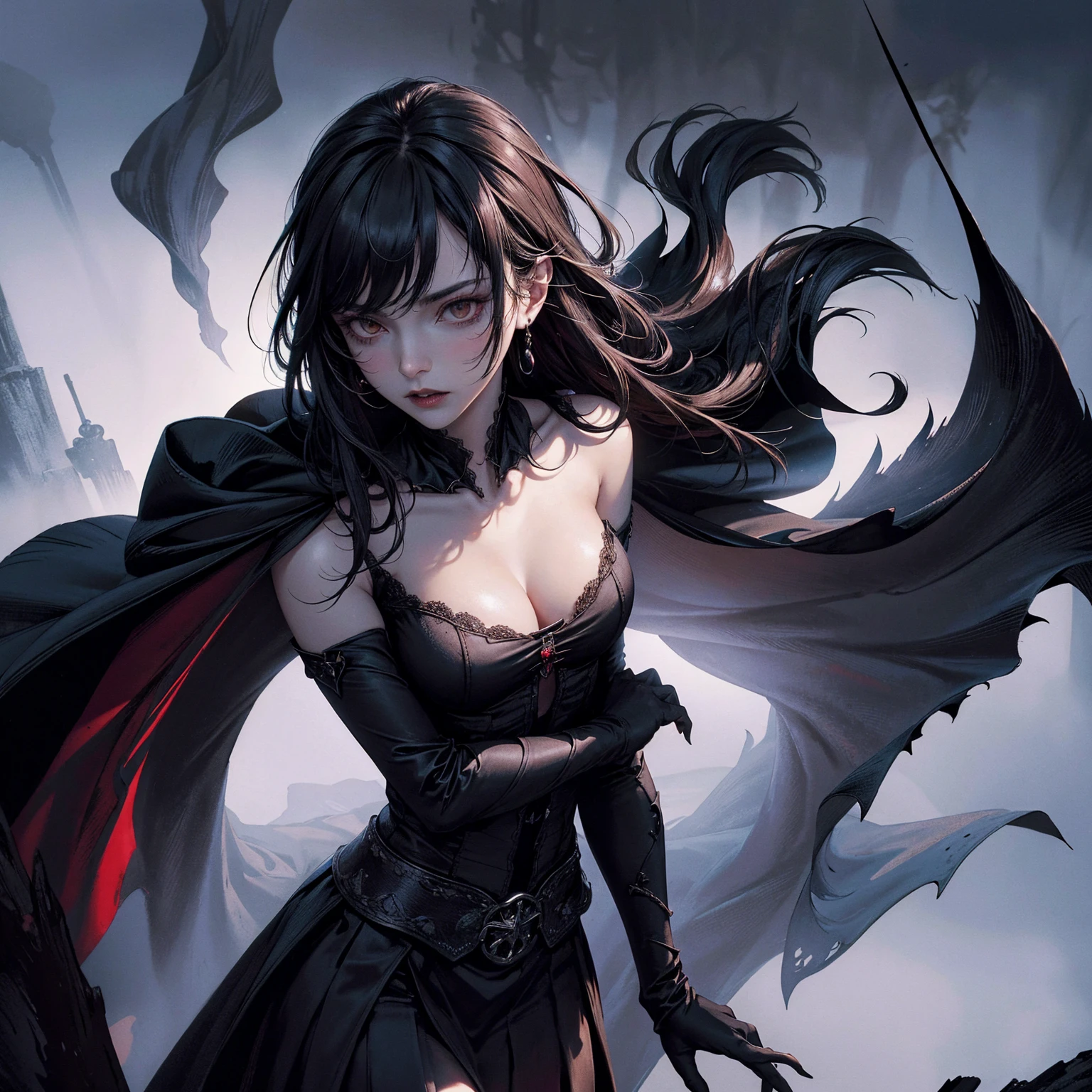 best quality, 4k, high resolution, masterpiece:1.2, Very detailed, actual:1.37, Mood lighting, girl in cloak, Wearing a tight gothic skirt that shows a little skin above the chest, Dangerous sneer, Black Hair, Stand sideways, Crucified, Pitch black sky, Red Moonlight, strange atmosphere, Gothic style, Unforgettable beauty, Dramatic shadows, Ethereal Light, Mysterious atmosphere.