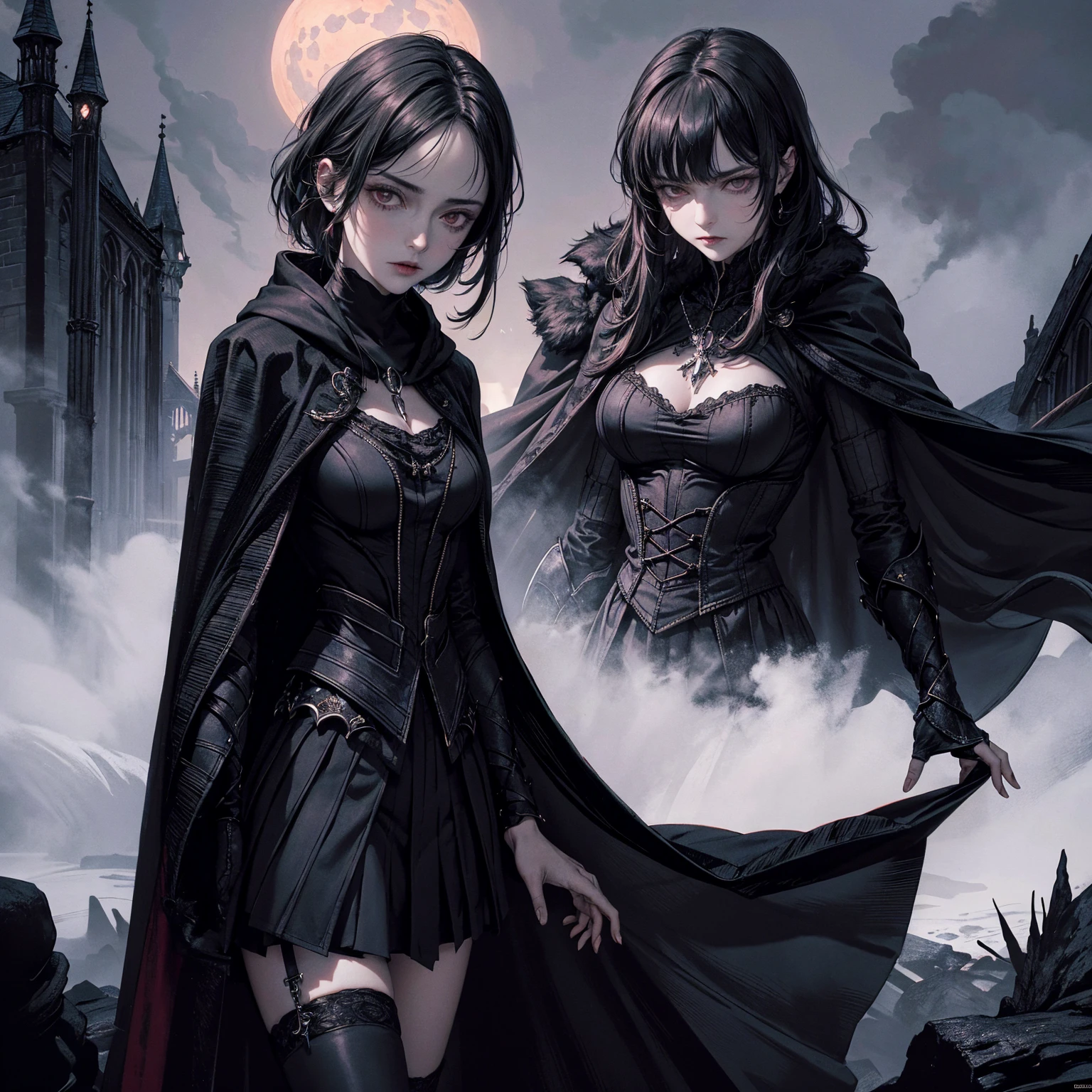 best quality, 4k, high resolution, masterpiece:1.2, Very detailed, actual:1.37, Mood lighting, girl in cloak, Wearing a tight gothic skirt that shows a little skin above the chest, Dangerous sneer, Black Hair, Stand sideways, Crucified, Pitch black sky, Red Moonlight, strange atmosphere, Gothic style, Unforgettable beauty, Dramatic shadows, Ethereal Light, Mysterious atmosphere.