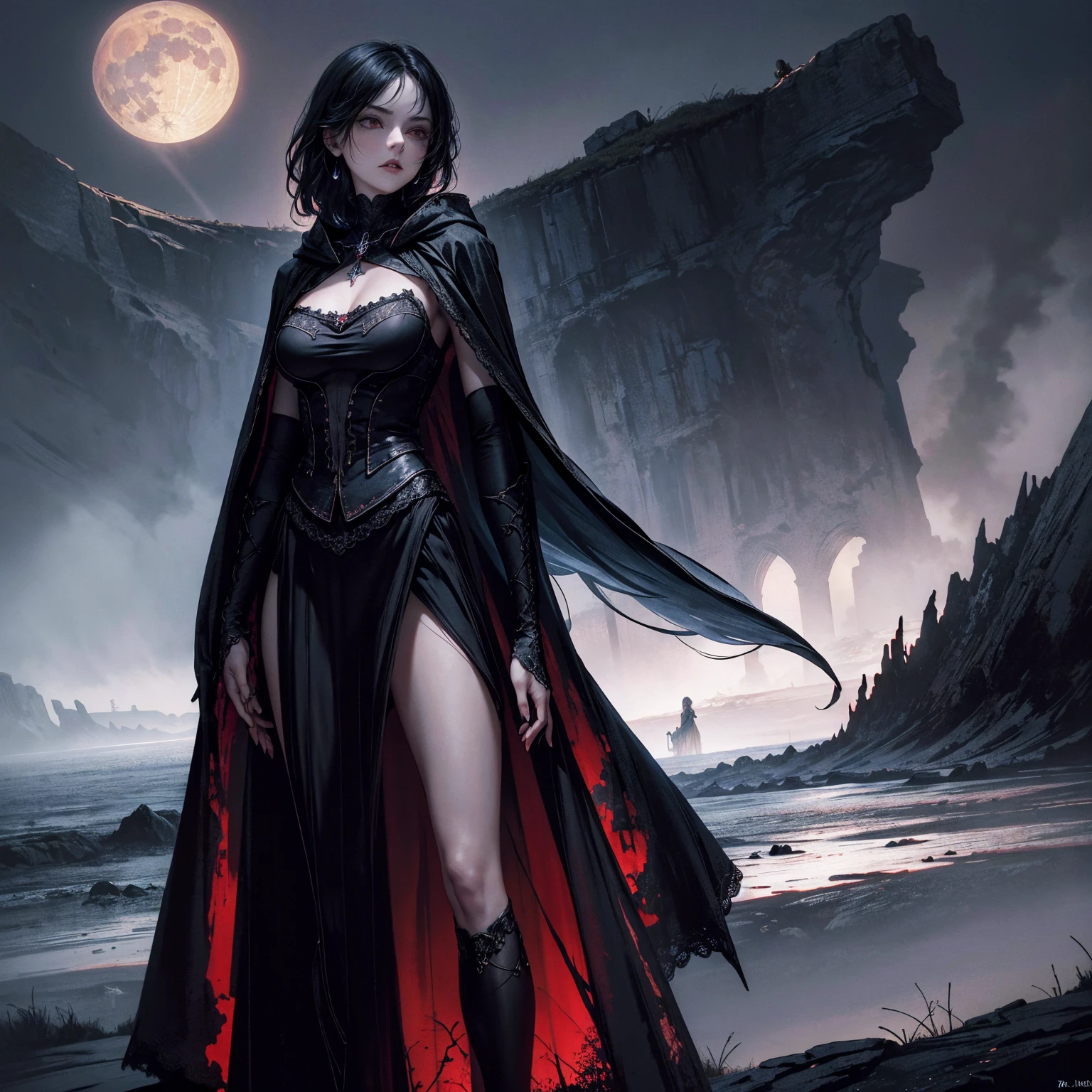 best quality, 4k, high resolution, masterpiece:1.2, Very detailed, actual:1.37, Mood lighting, girl in cloak, Wearing a tight gothic skirt that shows a little skin above the chest, Dangerous sneer, Black Hair, Stand sideways, Crucified, Pitch black sky, Red Moonlight, strange atmosphere, Gothic style, Unforgettable beauty, Dramatic shadows, Ethereal Light, Mysterious atmosphere.
