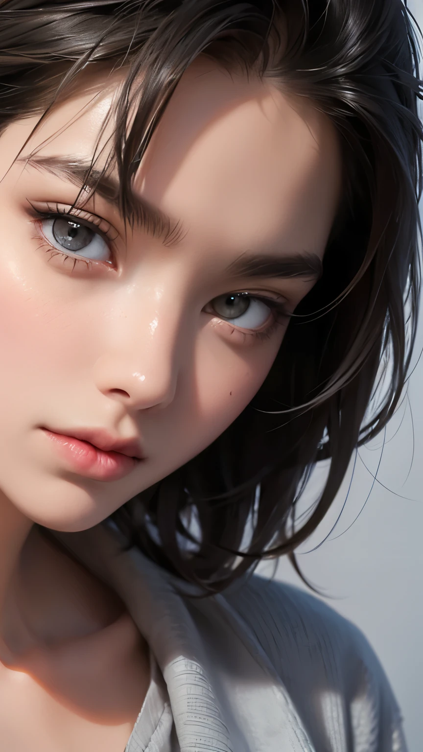 A woman in loose, neat clothing is looking straight into the camera, A look on the face of a loved one, The background is a plain gray gradient, Close-up