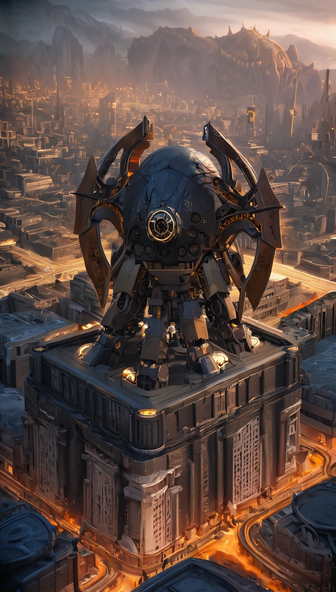 best quality, super fine, 16k, extremely detailed, 2.5D, delicate and dynamic, clockwork Cthulhu mech robot android, looking at city from above, ready to attack, dark fantasy effect