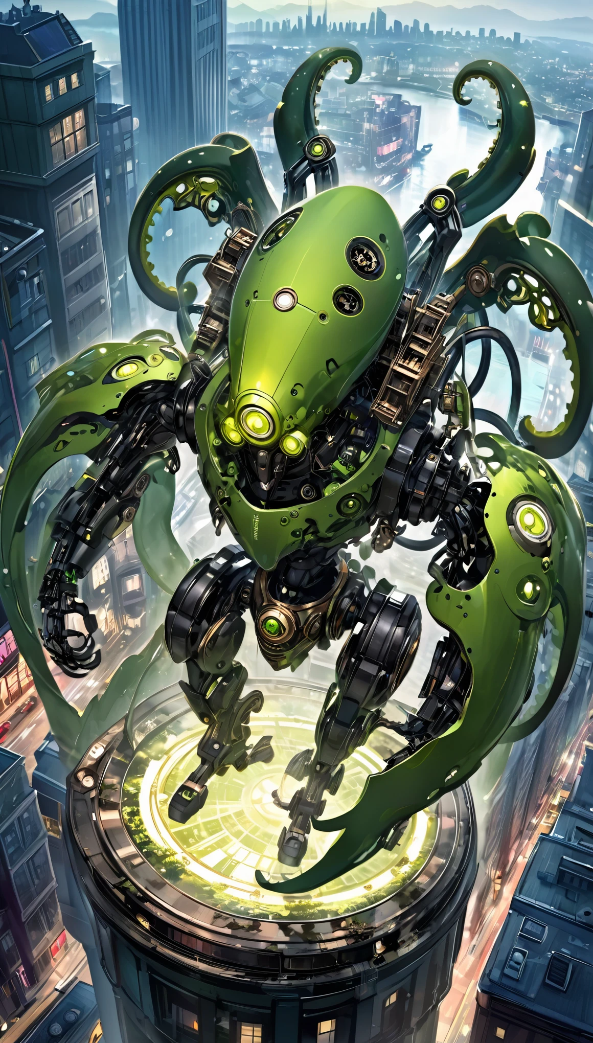 best quality, super fine, 16k, extremely detailed, 2.5D, delicate and dynamic, clockwork Cthulhu mech robot android, looking at city from above, ready to attack, dark fantasy effect
