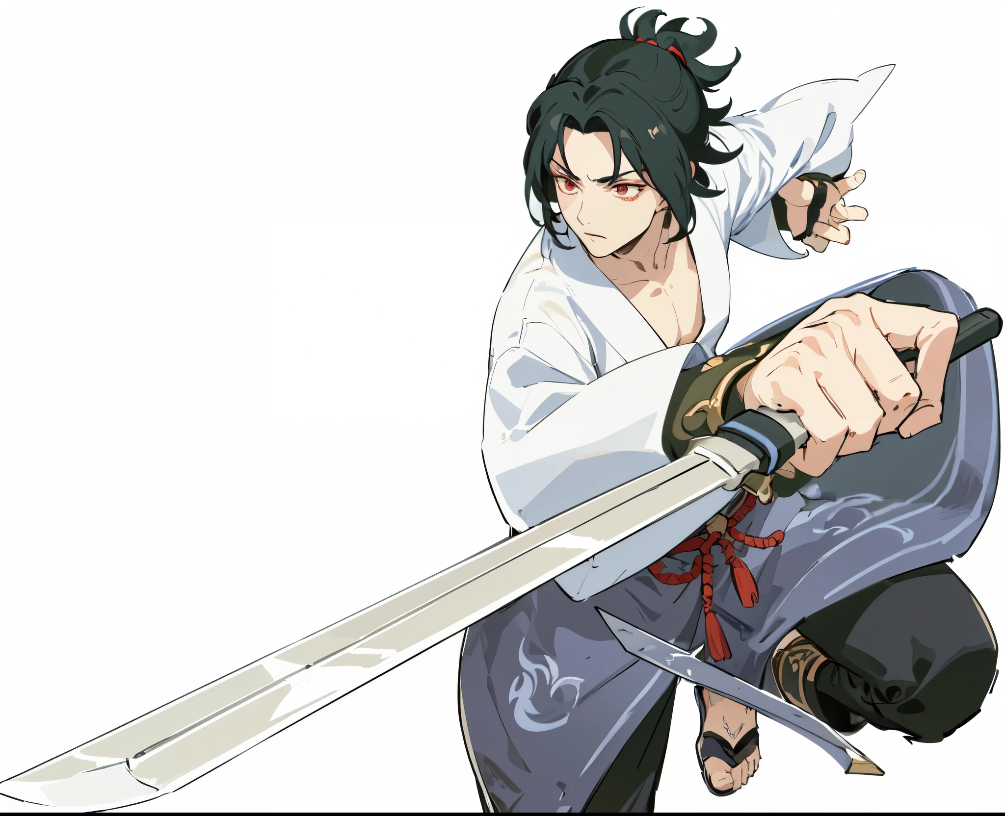 (masterpiece, top quality, best quality, official art, and contrast), (1boy), extreme detailed,(genshin impact art:1.3),colorful,highest detailed, black hair,red eyes , Looking to other, anger,knife in hand,, (high detailed background), light color, high detailed gradient, (high contrast color), Fine Eyes and Detailed Face, Vitality, Japanese Samurai Clothes.