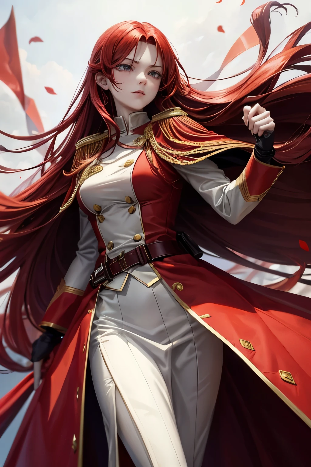 long hair red like flame, a tall slender figure, crimson blood cape fluttering in the wind, white french military uniform, a beautiful lady with a wild temperament that demand respect