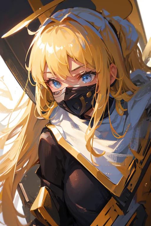Warrior of the future, beautiful face with mask on her mouth, long golden hair.
