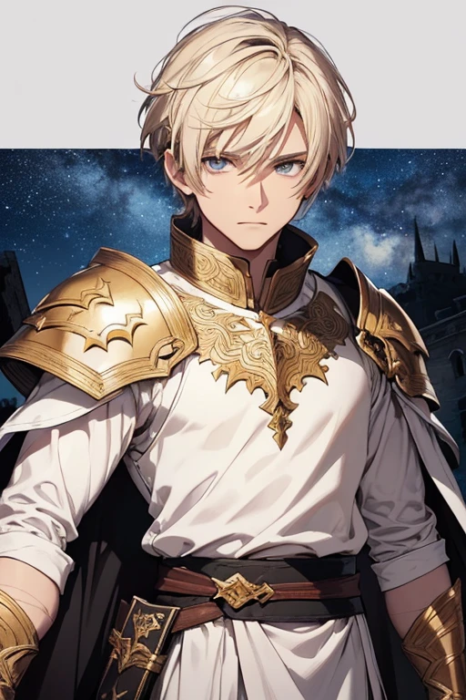 white man, blond hair, brown eyes, short hair, with white clothes, on top of the white clothes he wears armor decorated in black, on his two arms he has bracelets decorated in black, wearing a white cape, the cover has a drawing of a dragon in the middle in black, on the edges of the cover it has a black outline, the cover covers both his shoulders, on his waist he has a sword in its sheath, scenery and the night sky with stars.