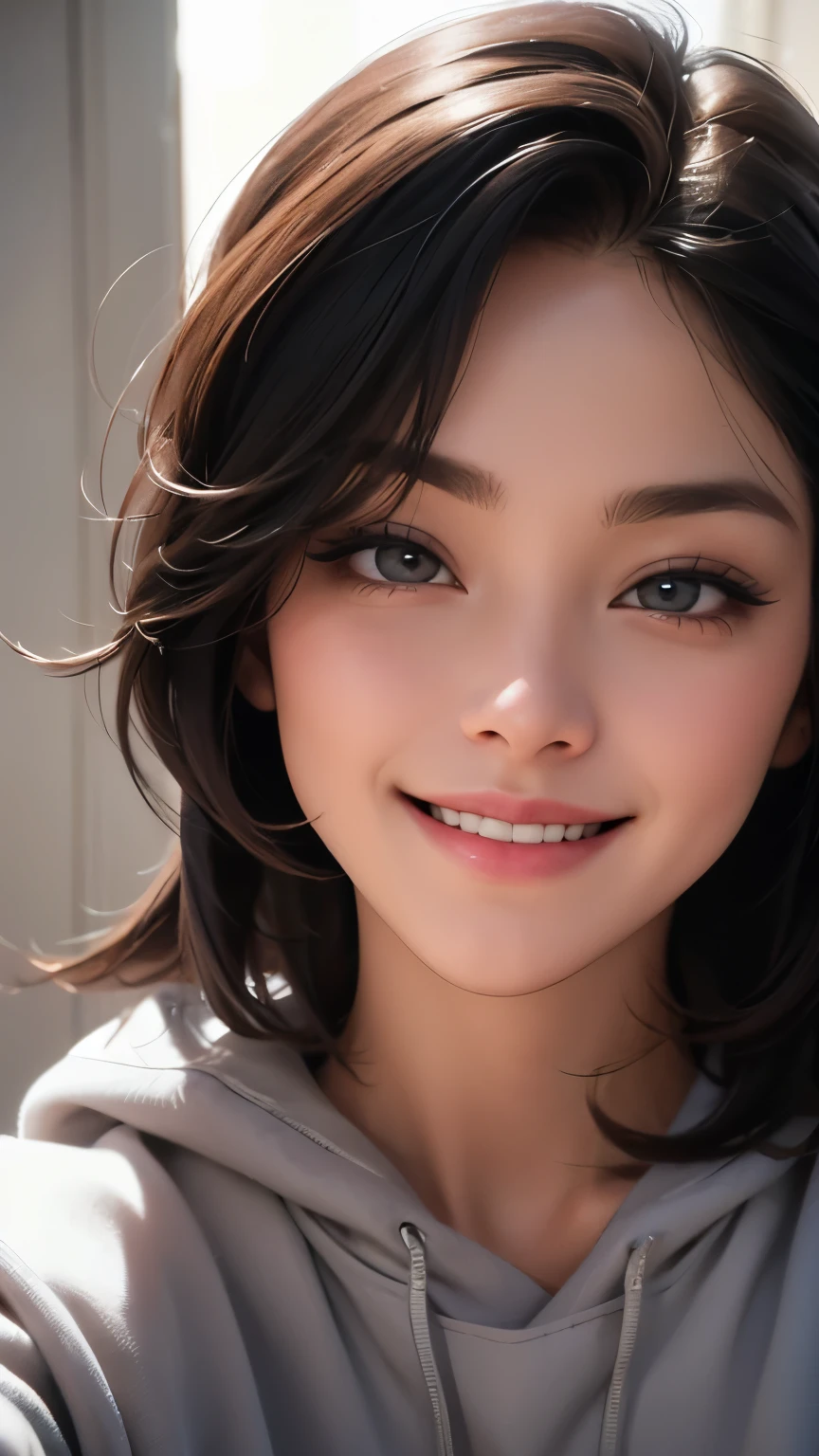 A woman in loose, neat clothing is looking straight into the camera, Looking at the one you love and smiling, The background is a plain gray gradient, Close-up