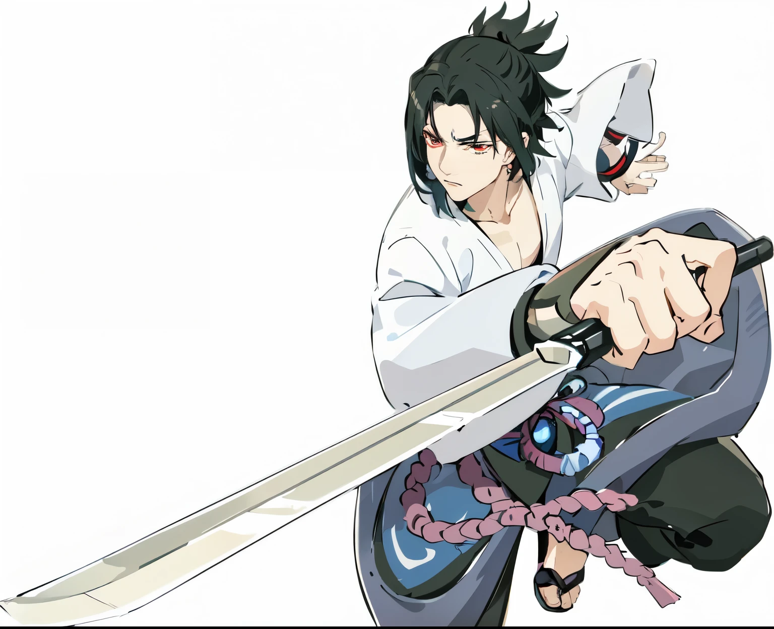 (masterpiece, top quality, best quality, official art, and contrast), (1boy), extreme detailed,(genshin impact art:1.3),colorful,highest detailed, black hair,red eyes , Looking to other, anger,knife in hand,, (high detailed background), light color, high detailed gradient,   (high contrast color), Fine Eyes and Detailed Face, Vitality, Japanese Samurai Clothes.