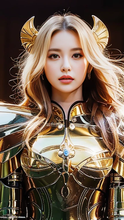 A woman wearing the armor of the virgin knight Shaka, Mix 4, (8k, RAW Photos, Better Quality, masterpiece: 1.2), (Realist, Realist: 1.37), One girl, May, Cityscape, night, rain, Wet, Professional Lighting, Photon Mapping, Radio City, Physically Based Rendering, Gradient Blonde Hair, May, feminine, White ball set, Excellent image quality, High resolution, 1080p, (Clean face), (Detailed description of the face), (Detailed hand description), (masterpiece), (Exquisite CG),  Extreme light and shadow, My hair is messy, masterpiece, Rich details, (Exquisite facial features), (high resolution), (masterpiece), (Fine grain), Look straight ahead into your eyes, Delicate clavicle, (Big breasted:1.2), (((A woman with huge breasts in the golden armor of Virgin Shaka, Knights of the Zodiac)))