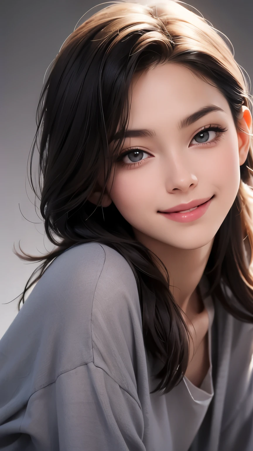 A woman in loose, neat clothing is looking straight into the camera, Looking at the one you love and smiling, The background is a plain gray gradient, Close-up