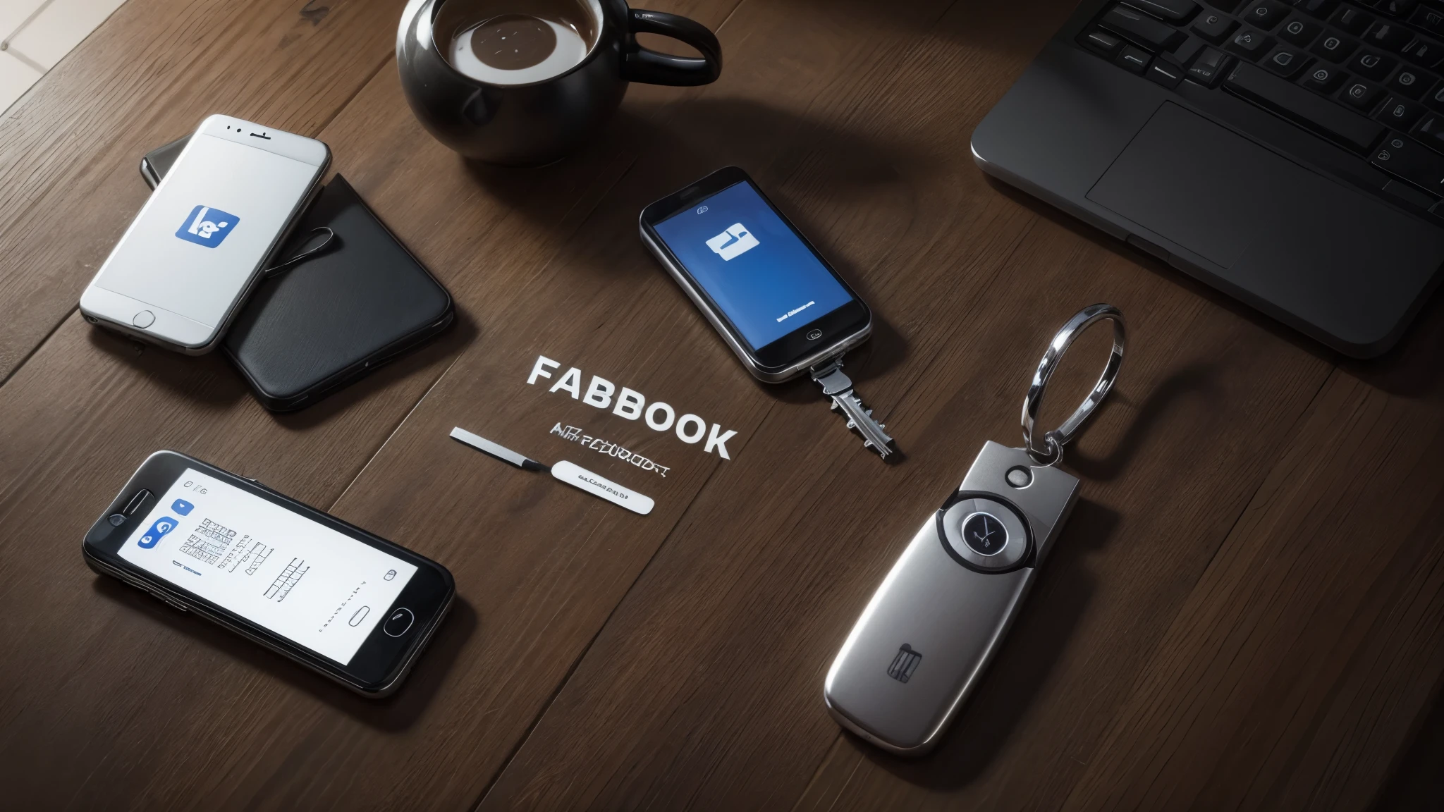 Make a technological Facebook cover containing a phone and a car key on the table