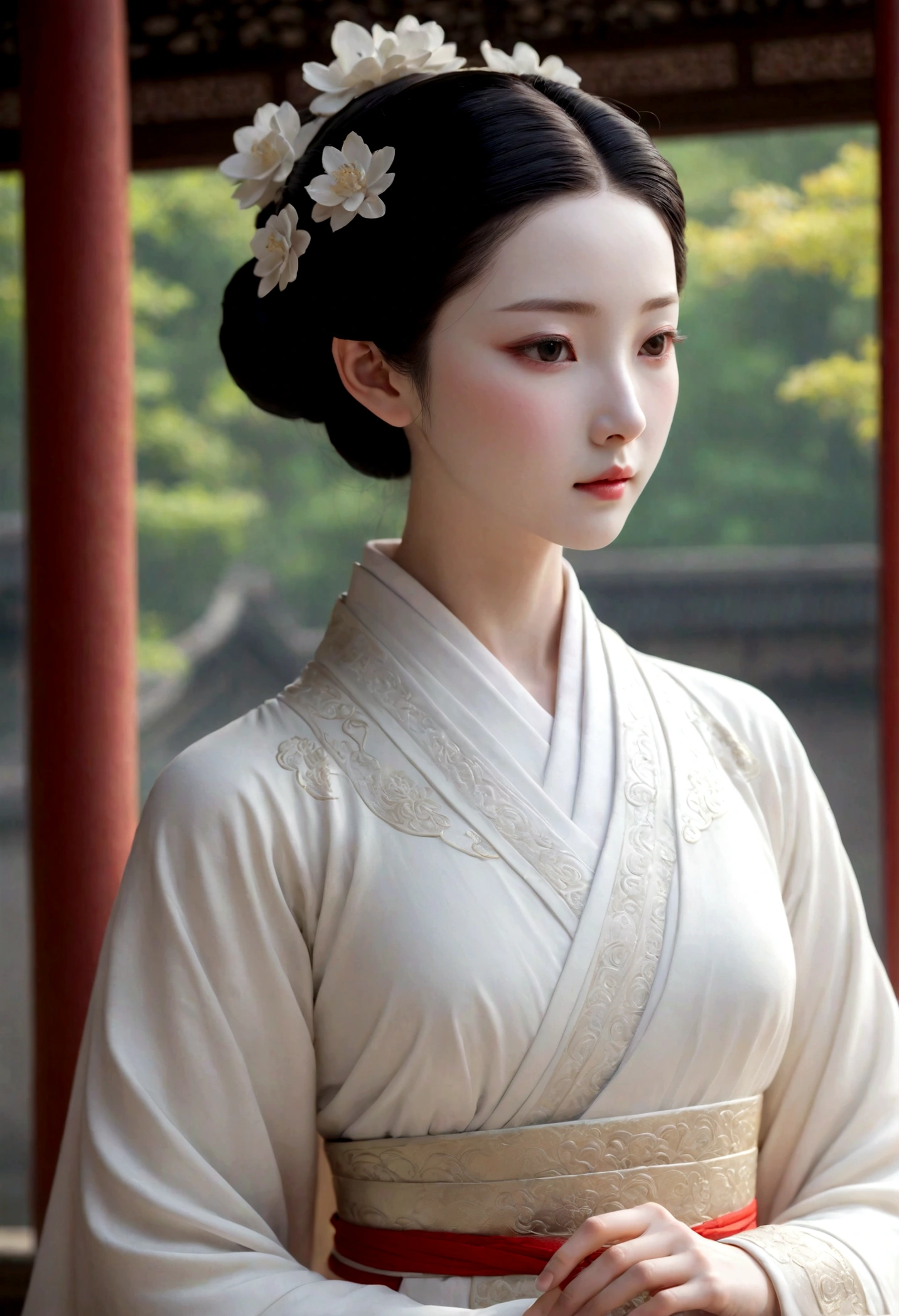 Close up of a female statue in a white dress, white Hanfu, palace , a girl in Hanfu, Porcelain white skin, porcelain white face, pale milky Porcelain skin, Hanfu, White Ji haircut, Japanese porcelain mannequin, Porcelain skin, Ghost Festival, An elegant lady with alabaster skin, full body ,fullbody,Chinese Princess
