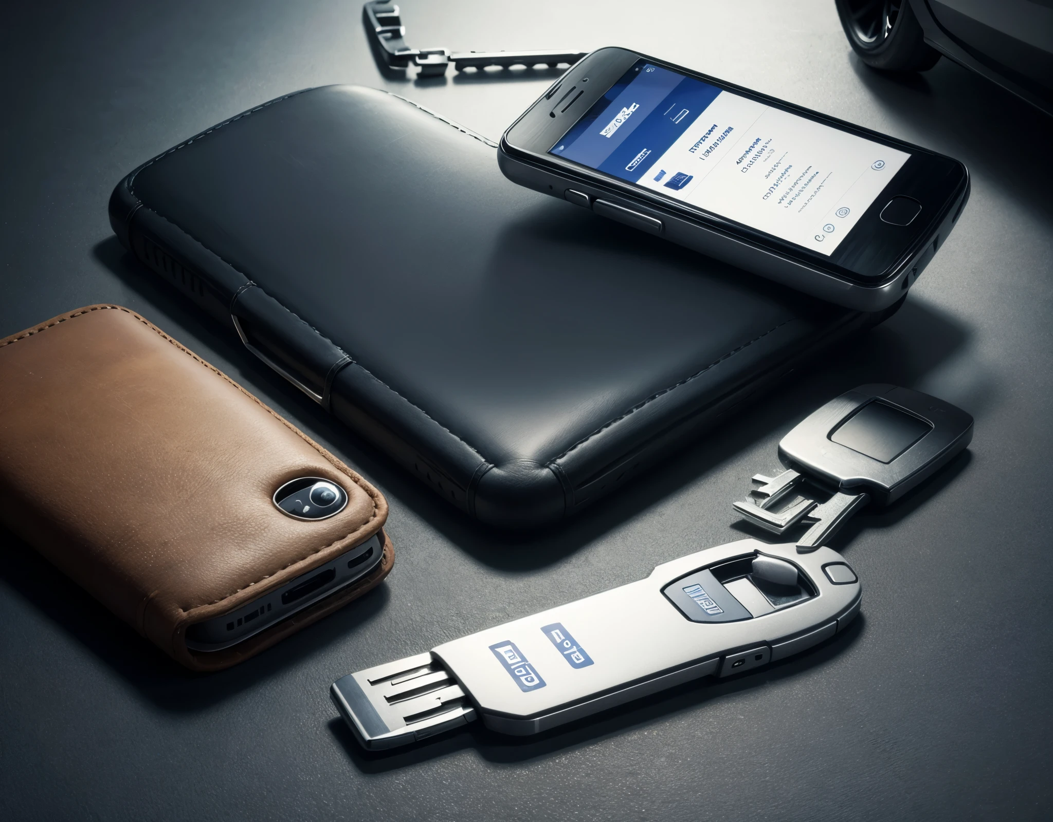 Make a technological Facebook cover containing a phone and a car key on the table
