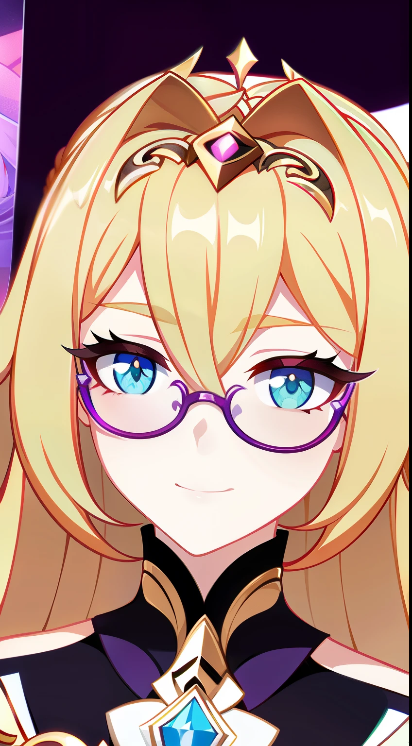 (high-quality, breathtaking),(expressive eyes, perfect face) Symmetrical Eyes, teenager, age 16, portrait halfbody, Honkai Impact 3rd, 1girl, female, Valkyrie, smiling, opal green eyes, blonde hair color, grey background, medium cute length hair, wavy hair, hair between eyes, St. Freya Academy student, ponytail, glasses, braid hair