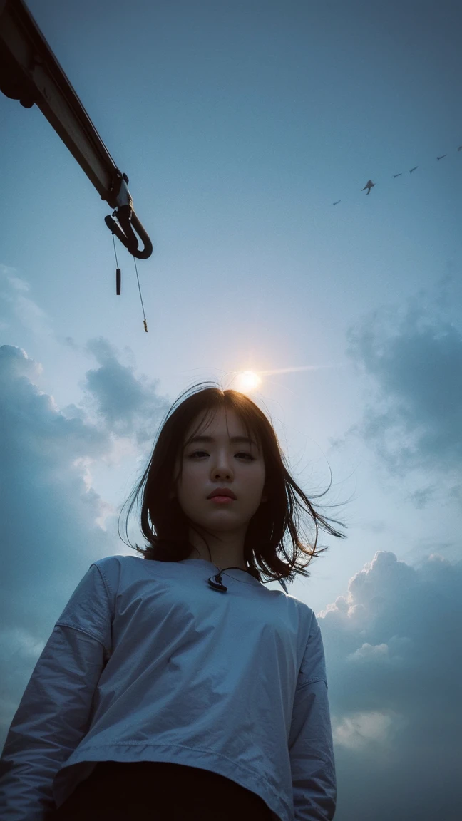 ((crane))、Rainy Sky、((1girl)),from below