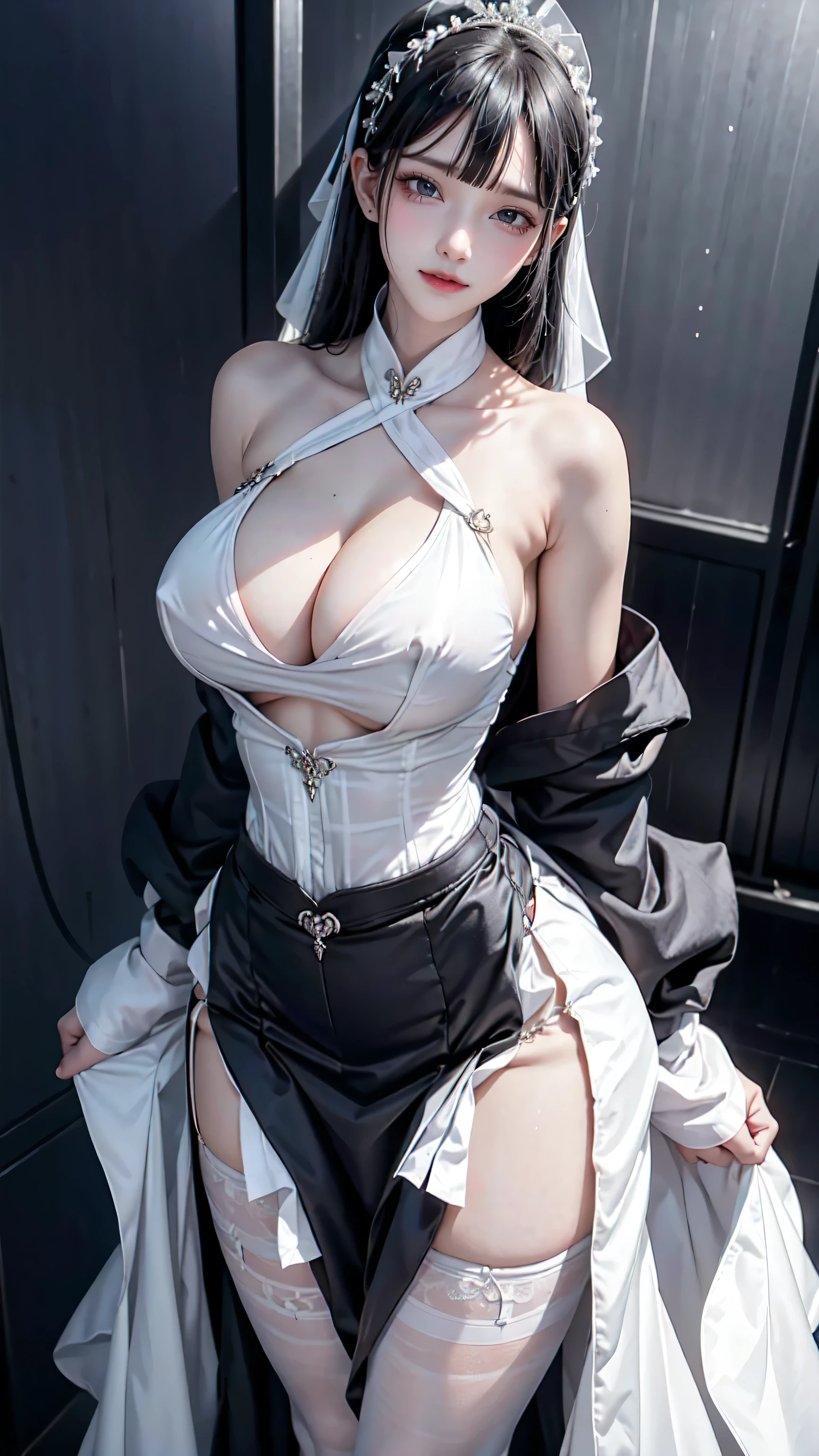 1 female,12years old,Black Hair,Beautiful ponytail hairstyles, (High Waist Skirt:1.3),, (White shirt:1.3), (Double-breasted,Underbust:1.2), Moaning,Sweaty thighs,My crotch is wet,Roll up your skirt,who、blush、whole body、Sleeveless clothing、In a dark alley、see-through clothing、Sexy woman、Embarrassed blushing face、Puzzled look、Breasts exposed from side、thin waist、Clothes that stick to the abdomen、Big tits、Very thin fabric、Beautiful body line from the groin to the lower body、((wedding dress))、Clothes with wide side openings、Beautiful clavicle、A slender body with ample breasts and buttocks、She is not wearing pants and skirt and only wears an apron to cover her private parts