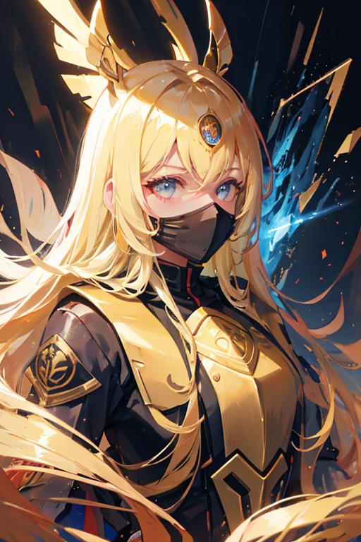 Warrior of the future, beautiful face with mask on her mouth, long golden hair.