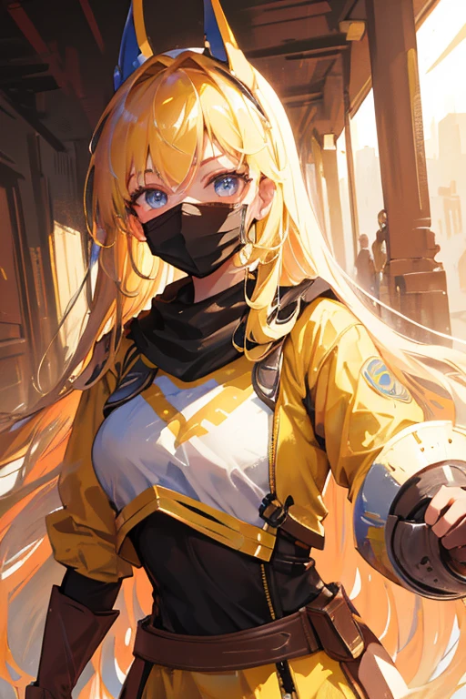 Warrior of the future, beautiful face with mask on her mouth, long golden hair.